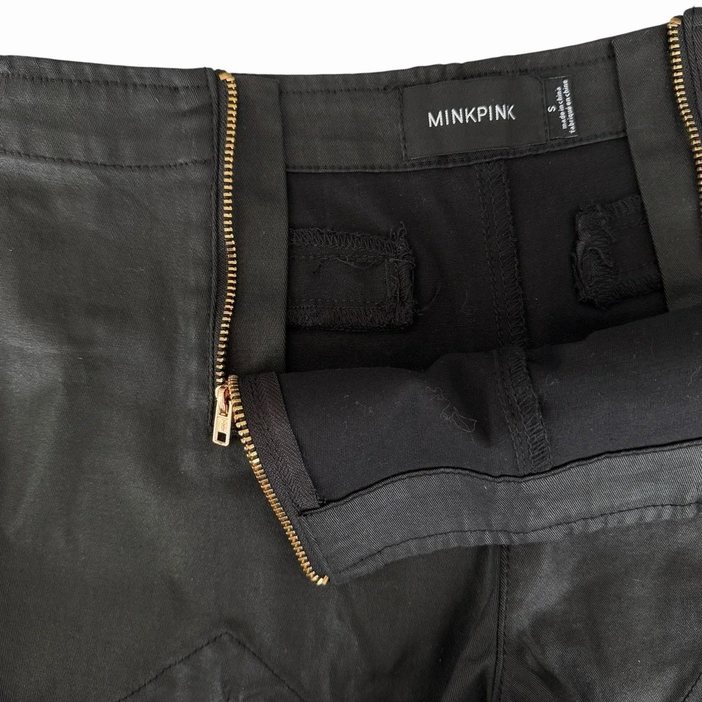 MINKPINK Black Wax Coated Shorts SMALL Scalloped Hem Zippers Goth Edgy